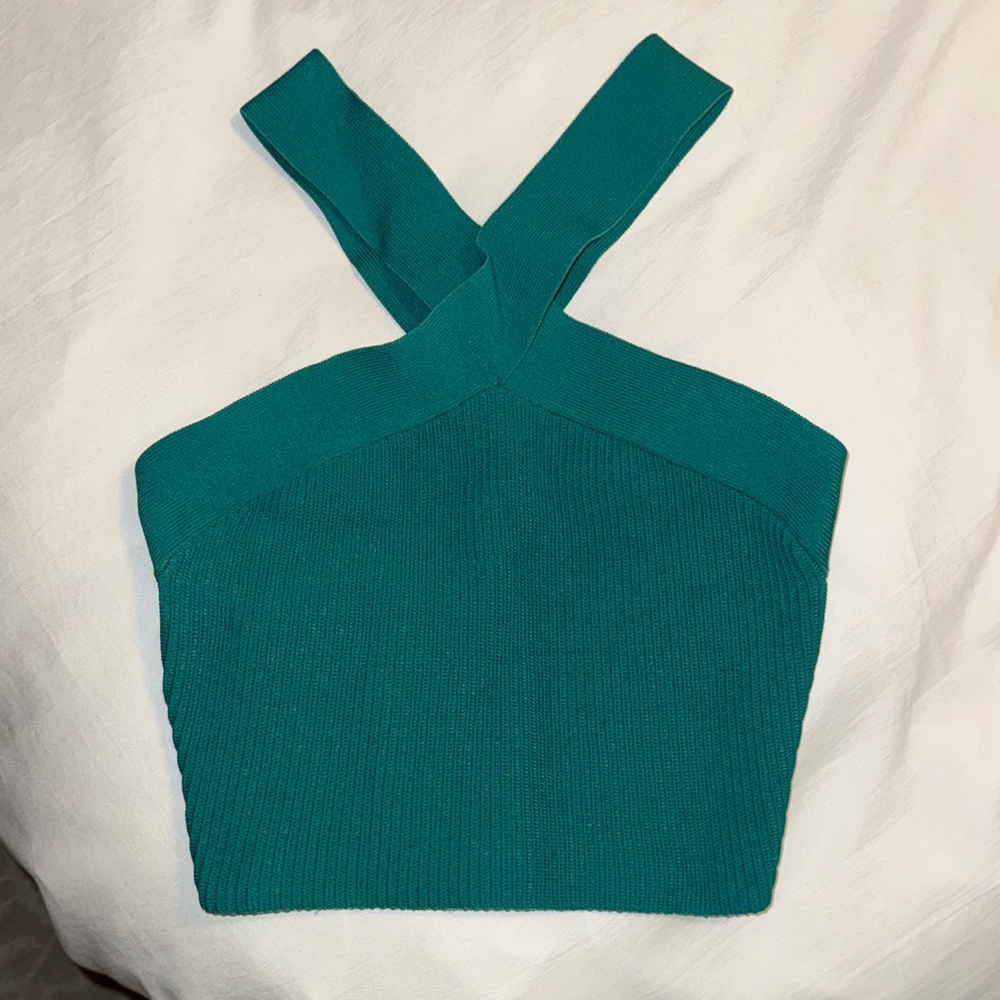 Aritzia Teal Cross-Strap Rib Knit Top
